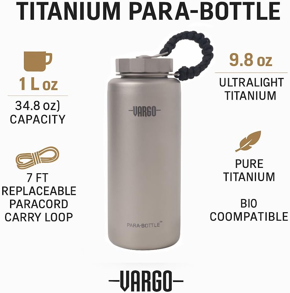 Vargo Titanium para-Bottle | Ultralight Titanium Water Bottle with 7 Feet of Replaceable 550 Paracord | 1 Liter (34 oz.) | Model T-452