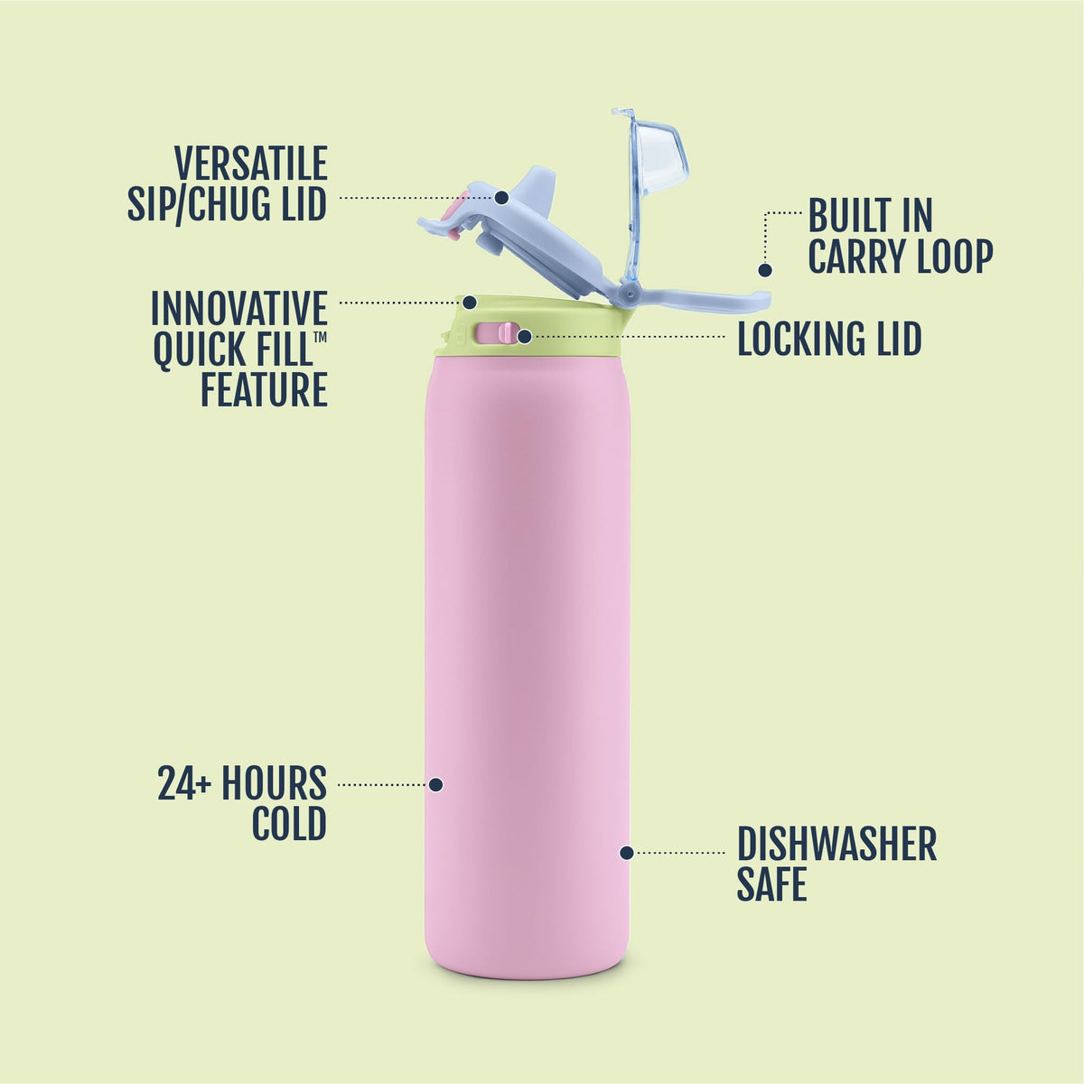 Ello Pop & Fill Insulated Stainless Steel Water Bottle with Quick Fill Lid, Leakproof Locking, Sip or Chug Spout, BPA-Free, Double Wall Vacuum Insulated for Sports, Travel & School- 22oz / 32oz / 40oz