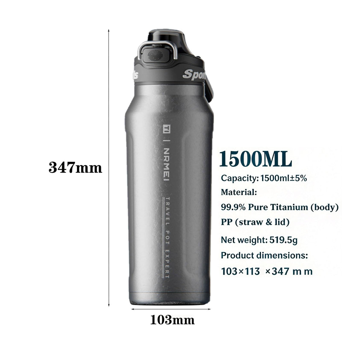Titanium Insulated Sports Water Bottle 51oz RT178D Grad‑Blue