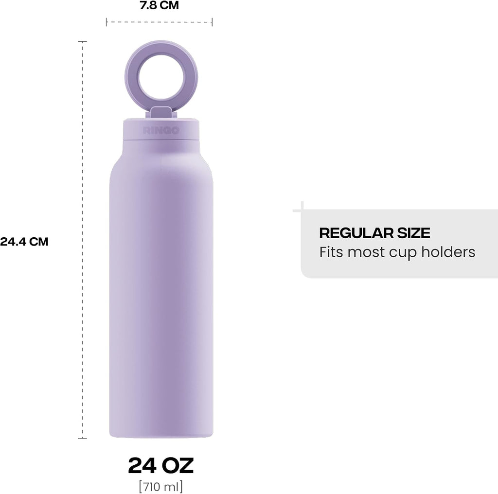RINGO PRO Insulated Water Bottle, Magnetic Phone Tripod Mount, Lilac, 24 oz