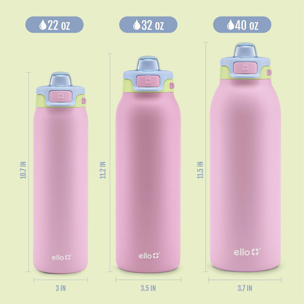 Ello Pop & Fill Insulated Stainless Steel Water Bottle with Quick Fill Lid, Leakproof Locking, Sip or Chug Spout, BPA-Free, Double Wall Vacuum Insulated for Sports, Travel & School- 22oz / 32oz / 40oz