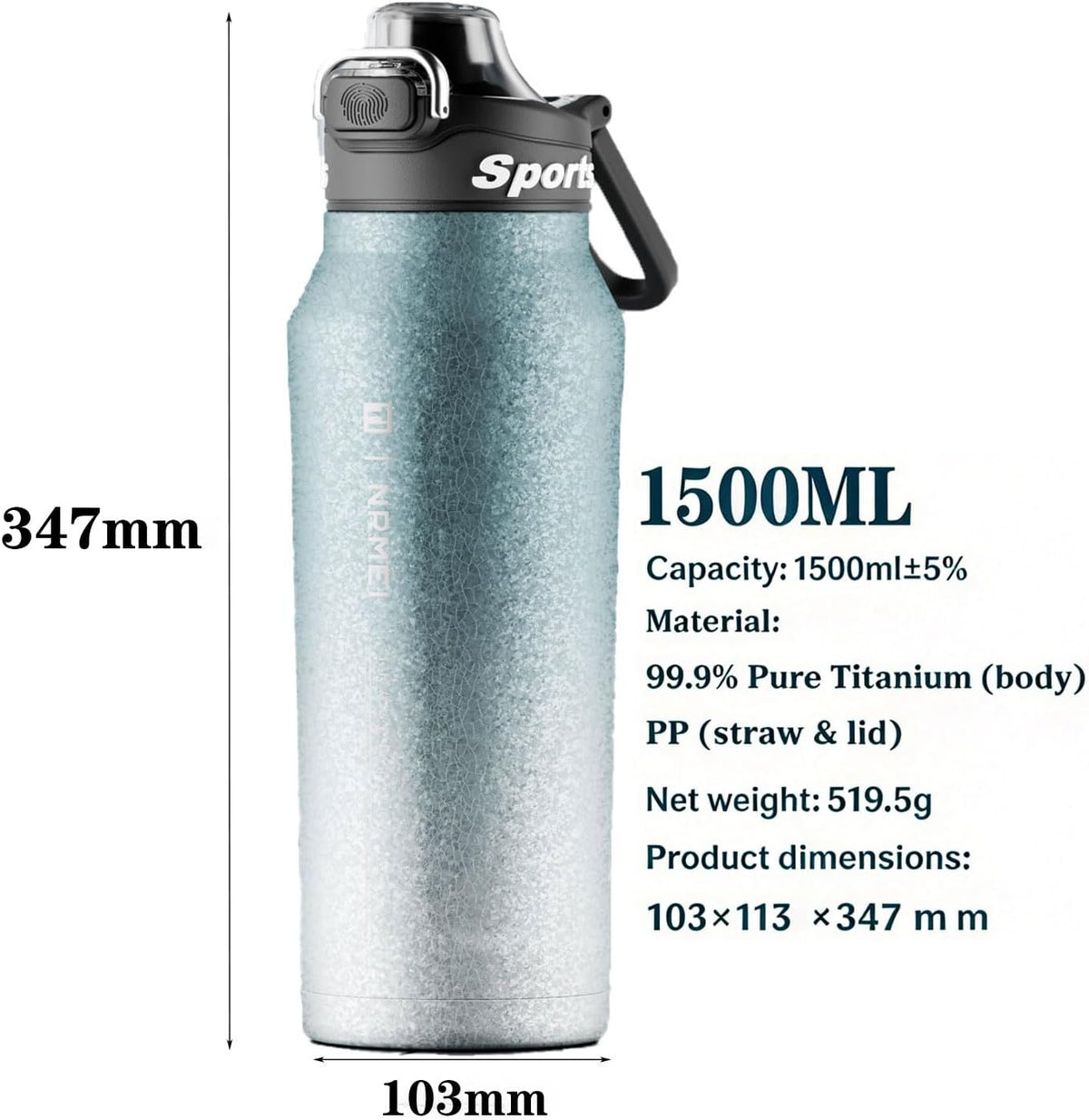 Titanium Insulated Sports Water Bottle 51oz RT178D Grad‑Blue