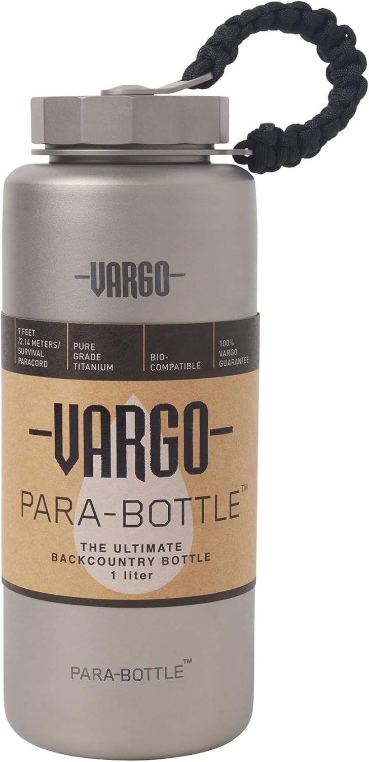 Vargo Titanium para-Bottle | Ultralight Titanium Water Bottle with 7 Feet of Replaceable 550 Paracord | 1 Liter (34 oz.) | Model T-452