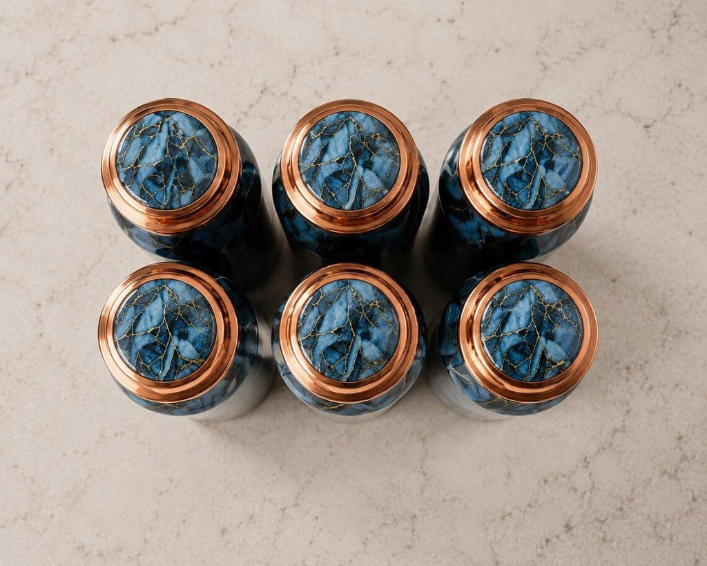 Handmade Blue Marble Copper Water Bottles – Elegant Reusable Drinkware Gift Set | Set of 6