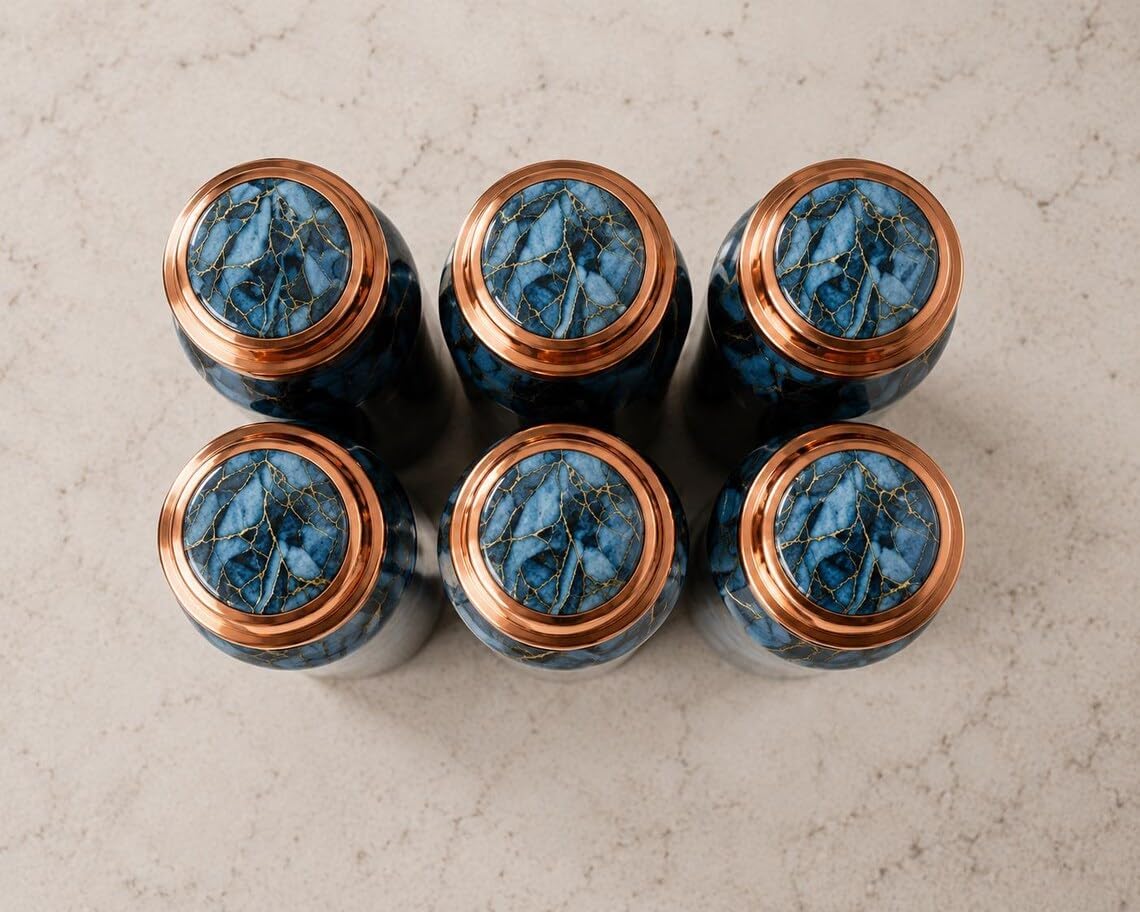 Handmade Blue Marble Copper Water Bottles – Elegant Reusable Drinkware Gift Set | Set of 6