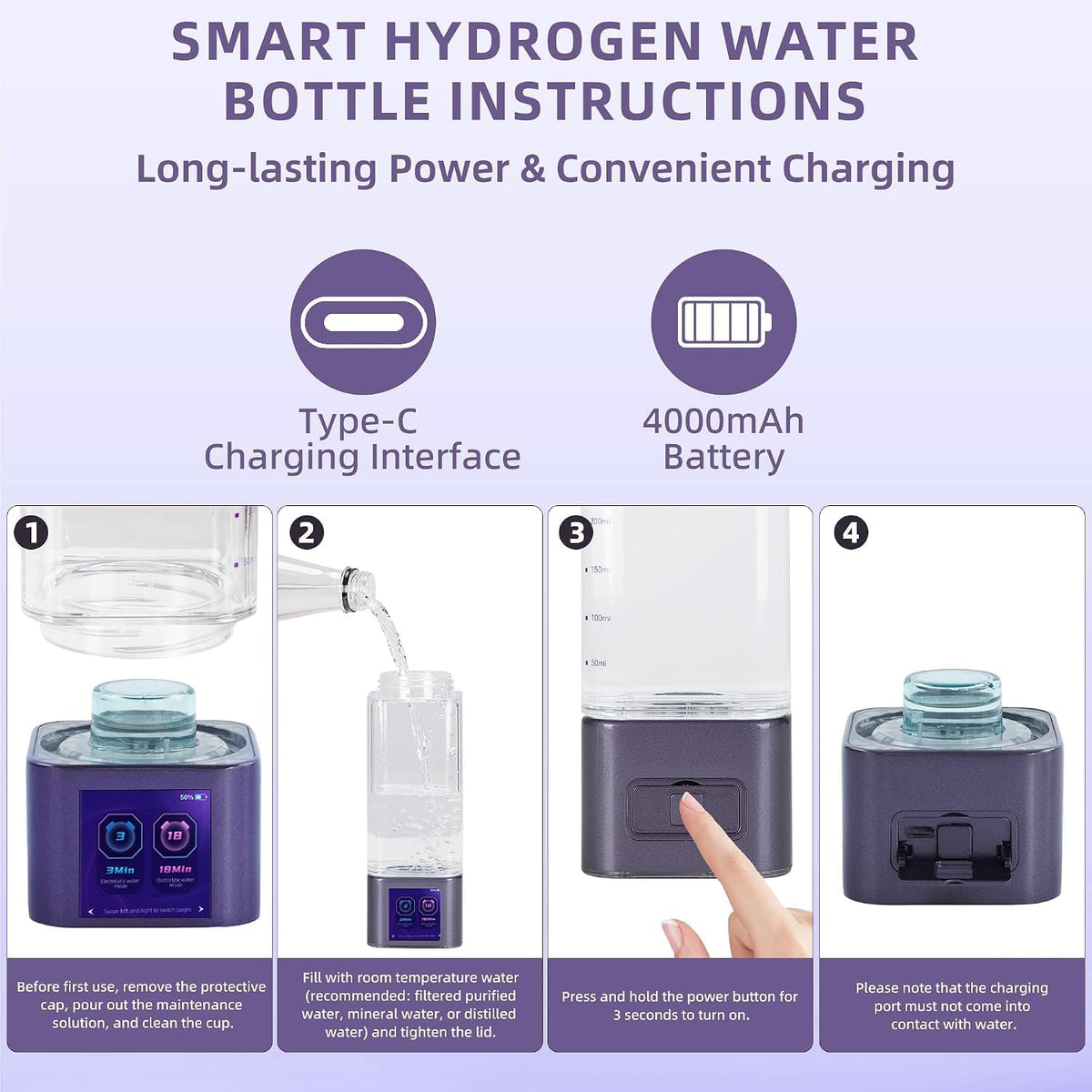 Hydrogen Water Bottle Generator, 11.8 fl oz
