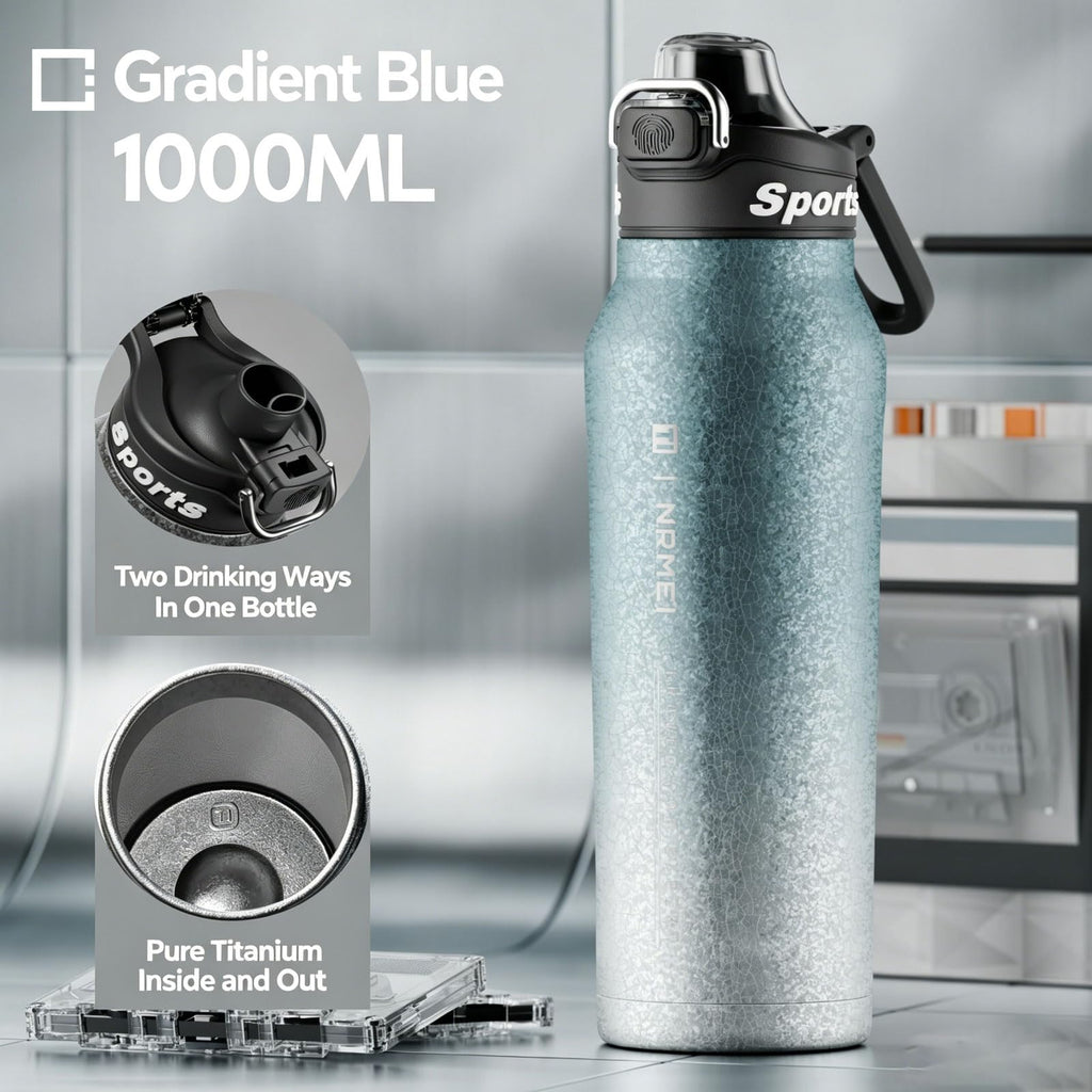 32oz (1000ml) Pure Titanium Insulated Water Bottle, Lightweight Tumbler Double Wall Vacuum Flask, Leakproof Travel Mug Cup for Outdoor Sports Camping Fitness RT178D (Ice Flower Silver)