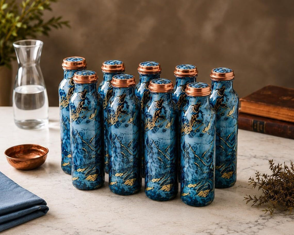 Handmade Blue Marble Copper Water Bottles – Elegant Reusable Drinkware Gift Set | Set of 6
