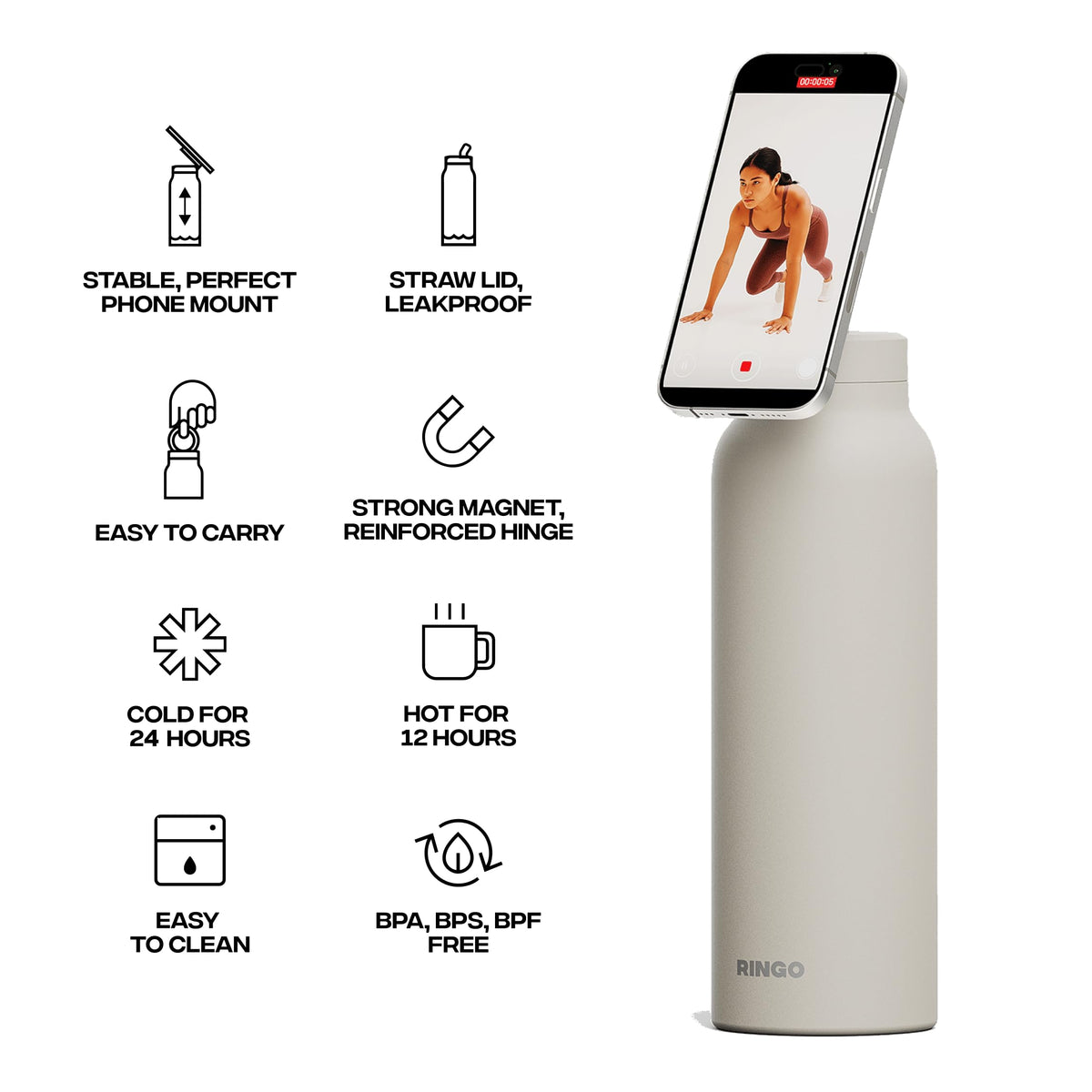 RINGO PRO Insulated Water Bottle, Magnetic Phone Tripod Mount, Lilac, 24 oz