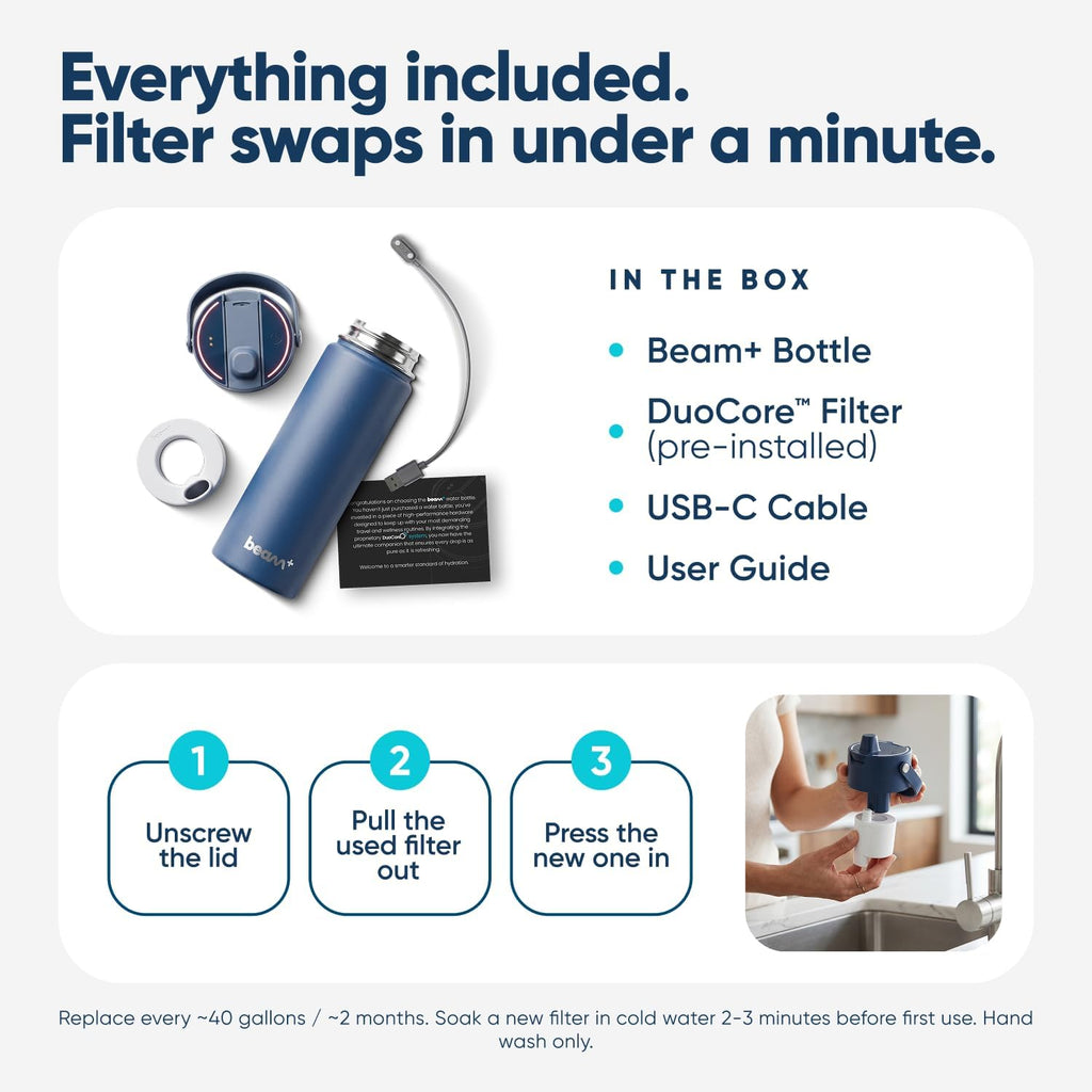 UVBRITE Beam+ Self-Cleaning UV-C Water Bottle with Filter, 22oz Insulated