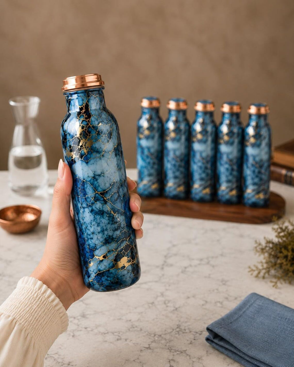 Handmade Blue Marble Copper Water Bottles – Elegant Reusable Drinkware Gift Set | Set of 6