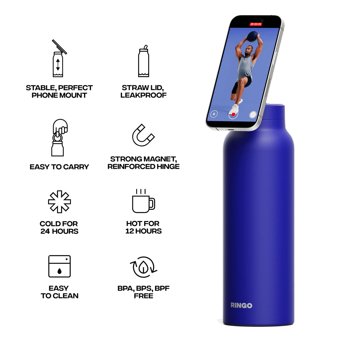 RINGO PRO Insulated Water Bottle, Magnetic Phone Tripod Mount, Lilac, 24 oz