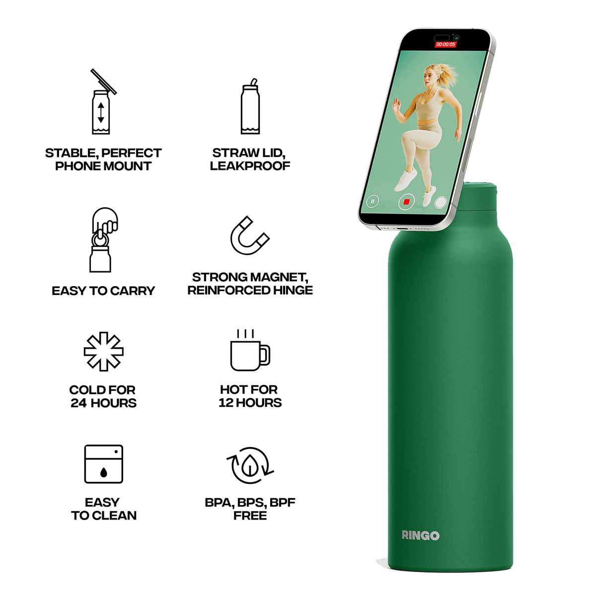 RINGO PRO Insulated Water Bottle, Magnetic Phone Tripod Mount, Lilac, 24 oz