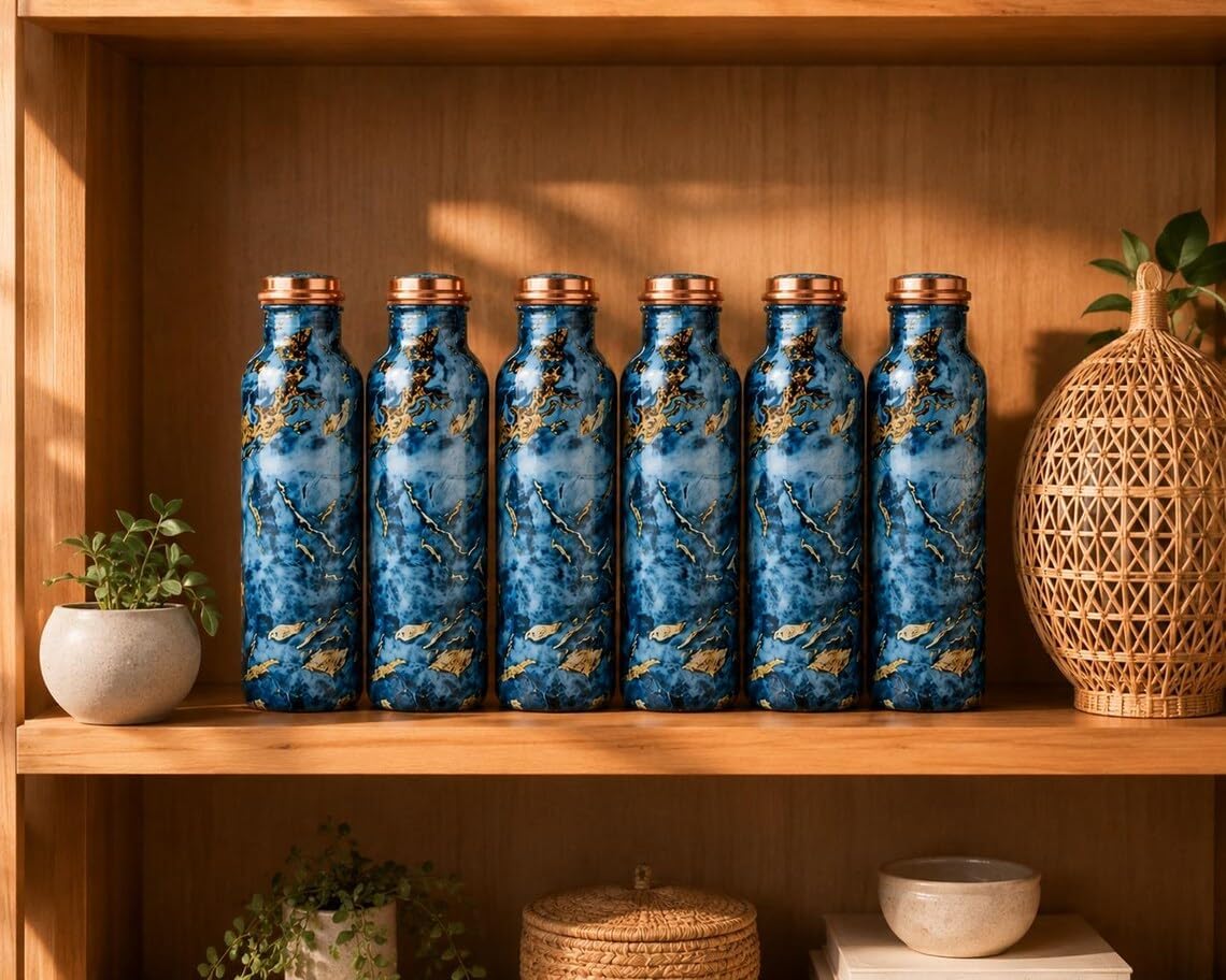 Handmade Blue Marble Copper Water Bottles – Elegant Reusable Drinkware Gift Set | Set of 6