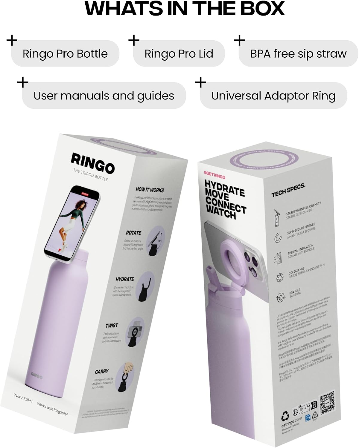 RINGO PRO Insulated Water Bottle, Magnetic Phone Tripod Mount, Lilac, 24 oz