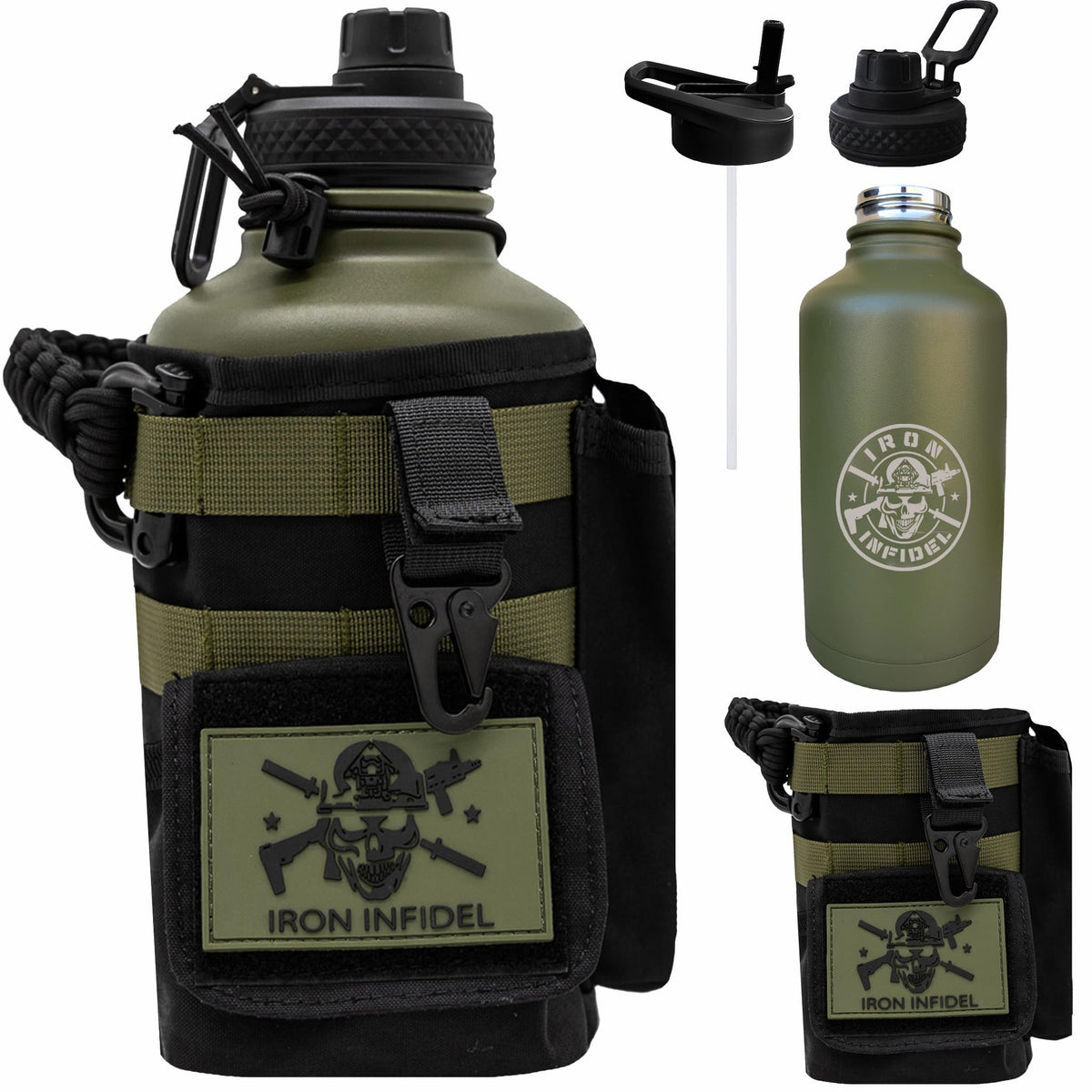 Iron Infidel Battle Bottle - Half Gallon Insulated Water Bottle with Paracord Handle, Large 64 oz Stainless Steel Water Jug with Rugged, Removable Sleeve for Keys, Wallet, & Phone (Live Free 2 Liter)