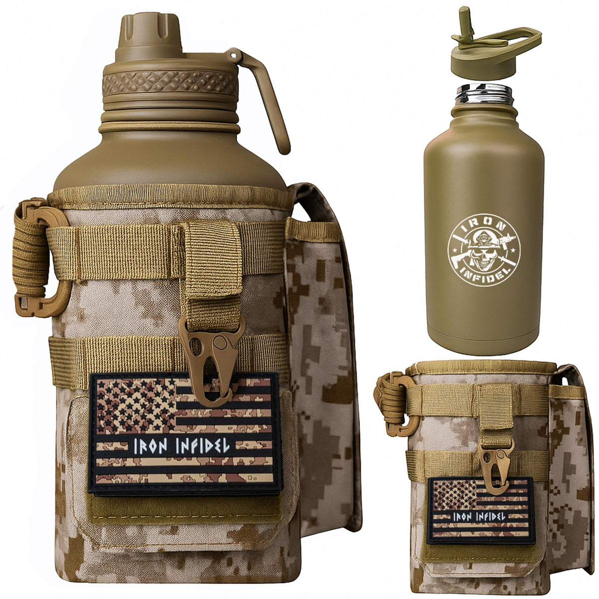 Iron Infidel Battle Bottle - Half Gallon Insulated Water Bottle with Paracord Handle, Large 64 oz Stainless Steel Water Jug with Rugged, Removable Sleeve for Keys, Wallet, & Phone (Live Free 2 Liter)