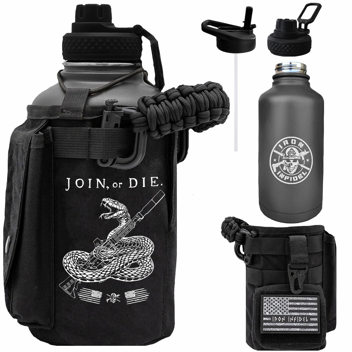 Iron Infidel Battle Bottle - Half Gallon Insulated Water Bottle with Paracord Handle, Large 64 oz Stainless Steel Water Jug with Rugged, Removable Sleeve for Keys, Wallet, & Phone (Live Free 2 Liter)