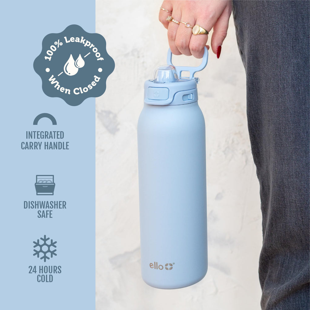 Ello Pop & Fill Insulated Stainless Steel Water Bottle with Quick Fill Lid, Leakproof Locking, Sip or Chug Spout, BPA-Free, Double Wall Vacuum Insulated for Sports, Travel & School- 22oz / 32oz / 40oz