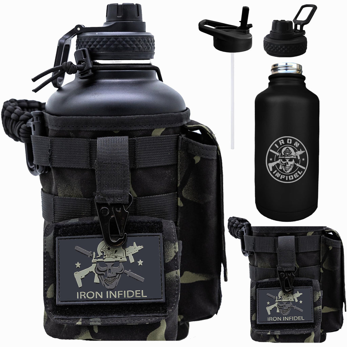 Iron Infidel Battle Bottle - Half Gallon Insulated Water Bottle with Paracord Handle, Large 64 oz Stainless Steel Water Jug with Rugged, Removable Sleeve for Keys, Wallet, & Phone (Live Free 2 Liter)
