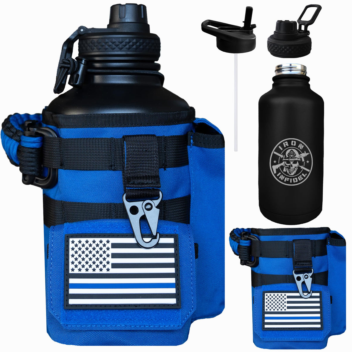 Iron Infidel Battle Bottle - Half Gallon Insulated Water Bottle with Paracord Handle, Large 64 oz Stainless Steel Water Jug with Rugged, Removable Sleeve for Keys, Wallet, & Phone (Live Free 2 Liter)
