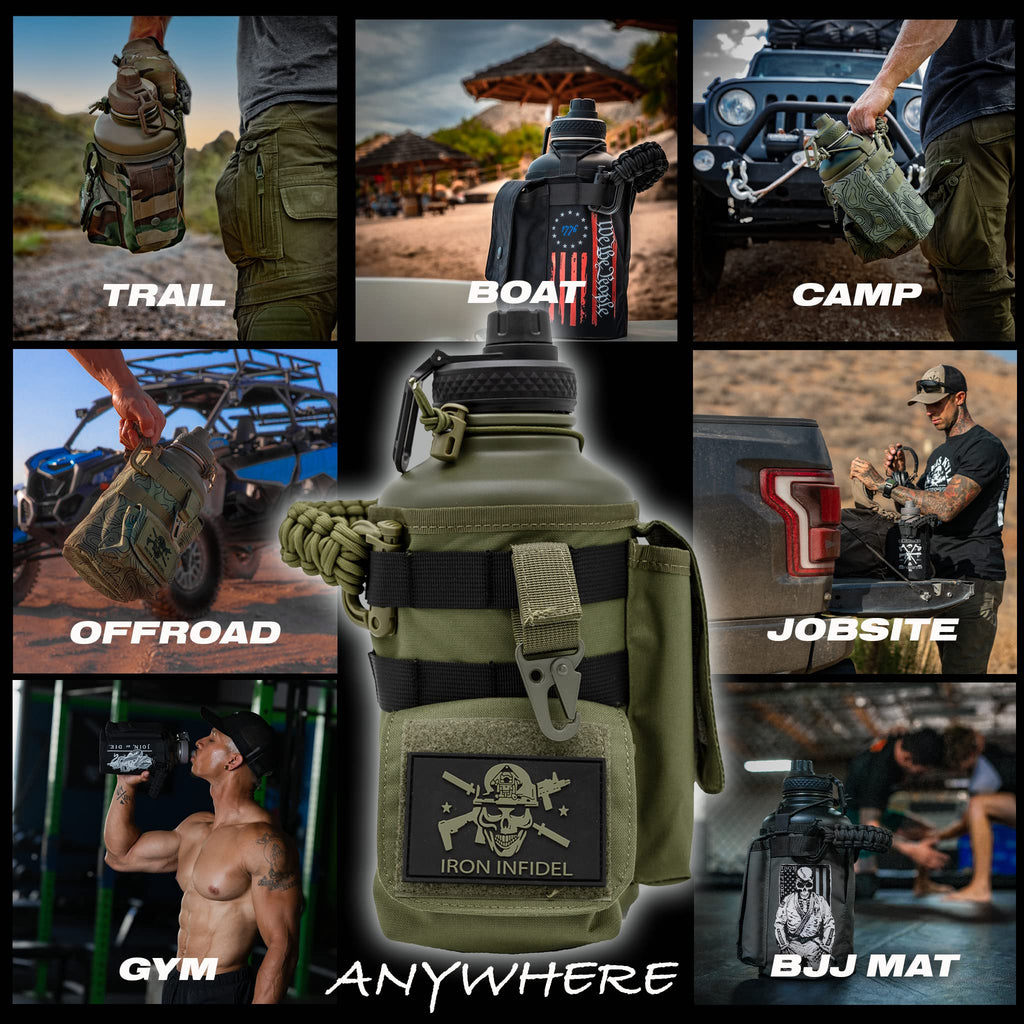 Iron Infidel Battle Bottle - Half Gallon Insulated Water Bottle with Paracord Handle, Large 64 oz Stainless Steel Water Jug with Rugged, Removable Sleeve for Keys, Wallet, & Phone (Live Free 2 Liter)