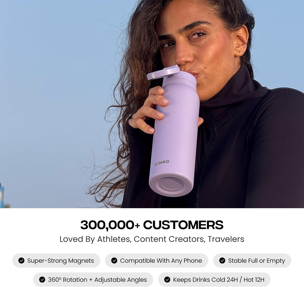 RINGO PRO Insulated Water Bottle, Magnetic Phone Tripod Mount, Lilac, 24 oz