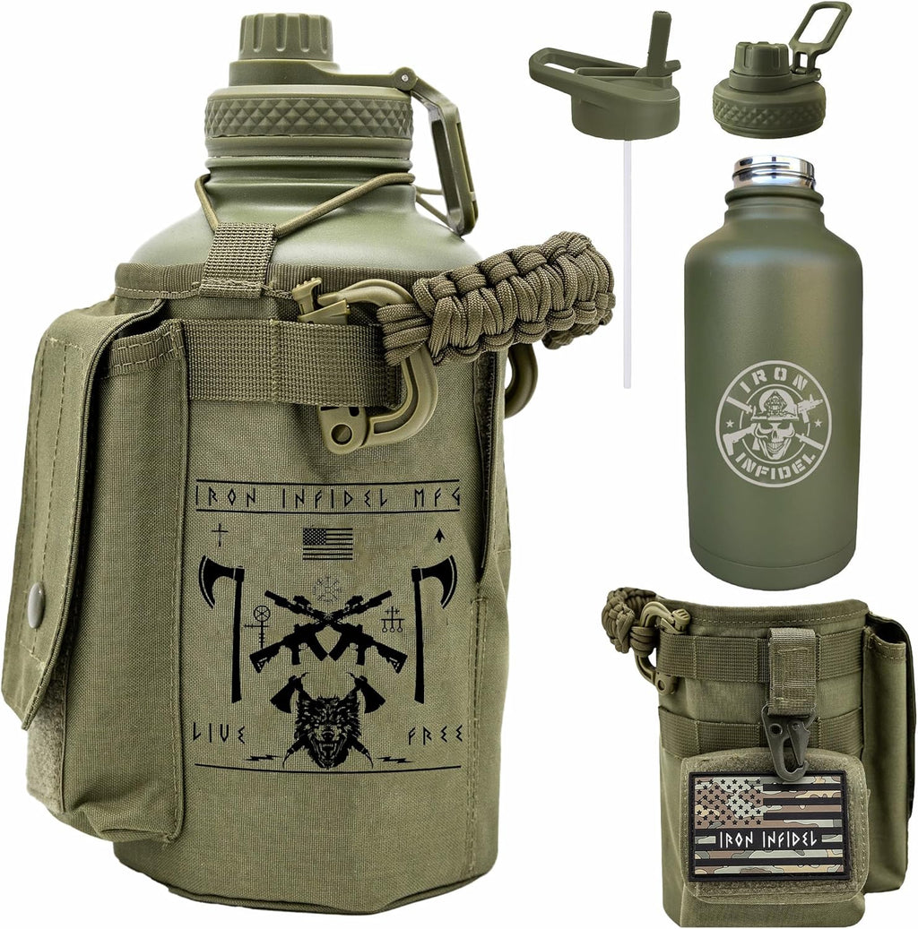 Iron Infidel Battle Bottle - Half Gallon Insulated Water Bottle with Paracord Handle, Large 64 oz Stainless Steel Water Jug with Rugged, Removable Sleeve for Keys, Wallet, & Phone (Live Free 2 Liter)