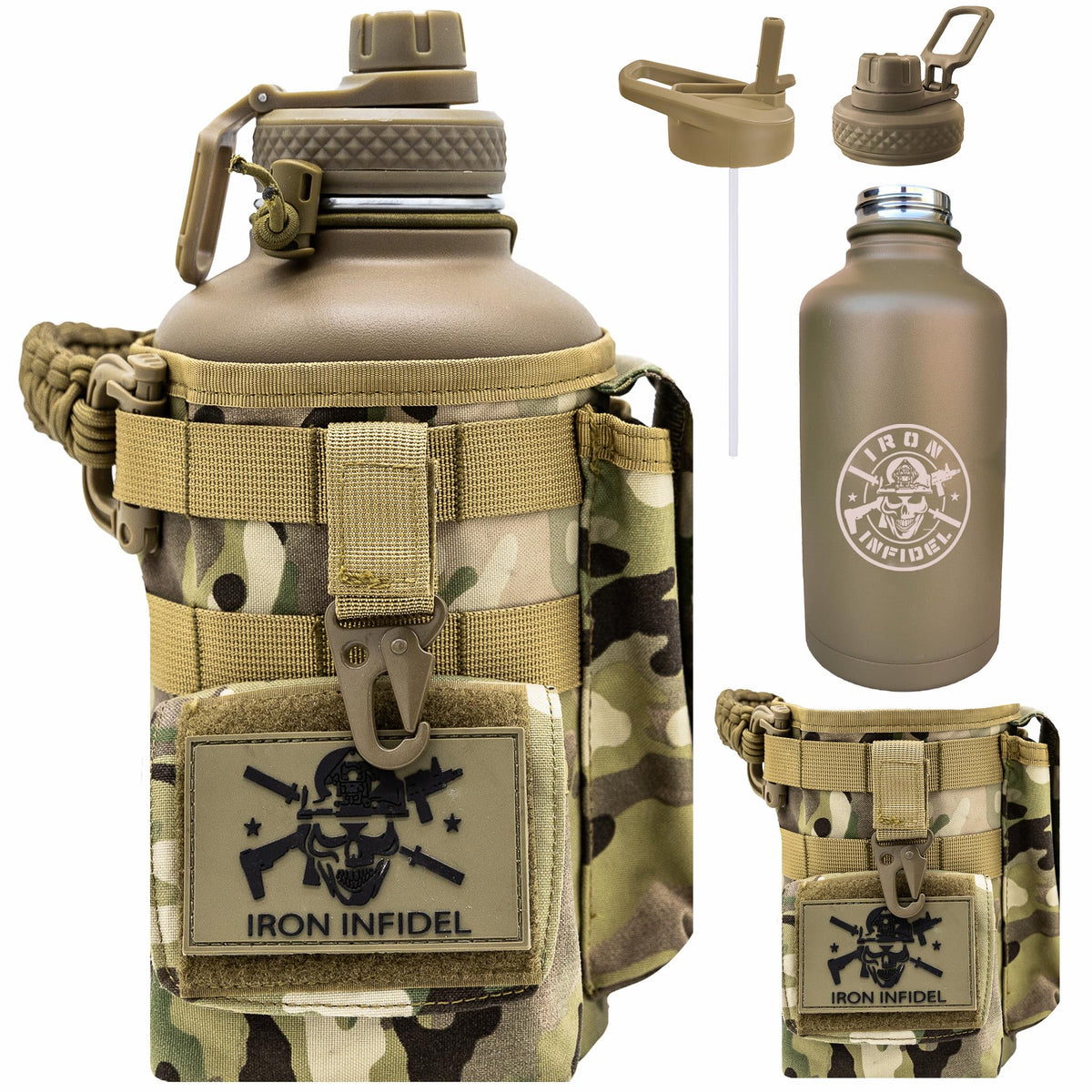 Iron Infidel Battle Bottle - Half Gallon Insulated Water Bottle with Paracord Handle, Large 64 oz Stainless Steel Water Jug with Rugged, Removable Sleeve for Keys, Wallet, & Phone (Live Free 2 Liter)